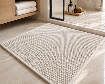 Chenille Bath Mat, Non Slip Bathroom Rug, Absorbent Washable Shower Mat, Rubber Backed Floor Mat, Beige Cream Decor