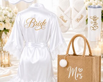 Bride Robe Set with Slippers, Tumbler & Tote Bag, Bride To Be Gift, Wedding Morning Essentials, Getting Ready Outfit