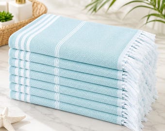 Turkish Beach Towels, 6 Pack Oversized Quick Dry Sand Free Blue Travel Pool Essentials