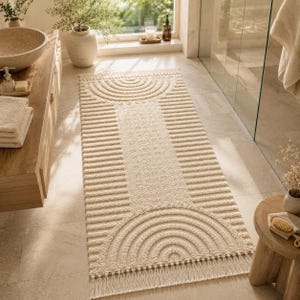 May include: A rectangular cream-colored bath rug featuring a textured pattern of concentric semi-circles at both ends, connected by a central panel of horizontal stripes, finished with short fringe along the two shorter edges.