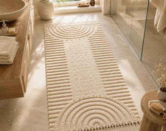 Boho Bathroom Runner Rug, Washable Cotton Rug with Tassels, Neutral Farmhouse Bath Mat, Kitchen Entryway Runner Decor
