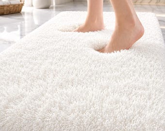 White Bath Mat, Non Slip Bathroom Floor Cover, Plush Shag Accent Piece, Soft Absorbent Shower Essential, Machine Washable Decor
