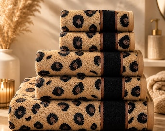 6 Piece Leopard Towel Set – 100% Cotton Bath Towels, Hand Towels & Washcloths, Soft Absorbent Luxury Guest Bathroom Towels
