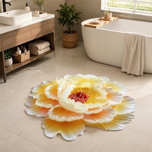 May include: A circular bathroom rug shaped like a large, blooming flower with layered petals in shades of soft yellow, cream, and white. The center of the flower features a textured, deep red and golden yellow core with intricate petal details.