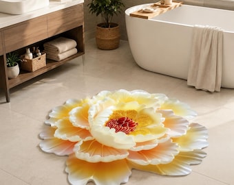 Floral Bath Mat, Flower Bathroom Decor, Non Slip Absorbent Floor Covering, Quick Dry Washable Shower Accent, Daisy Style 31.5"