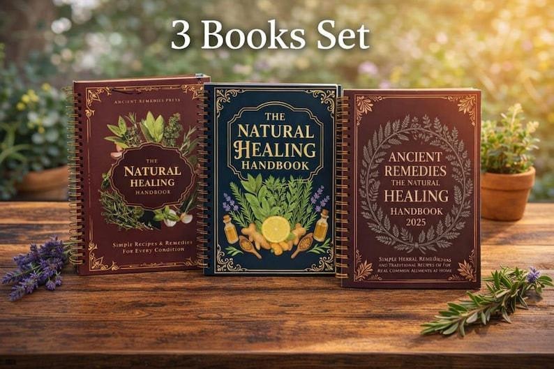 Puede incluir: Un conjunto de tres libros titulados "The Natural Healing Handbook" y "Ancient Remedies The Natural Healing Handbook 2025". Los libros est&aacute;n encuadernados con espiral y presentan ilustraciones de hierbas y bot&aacute;nicos. Los libros se muestran sobre una superficie de madera.