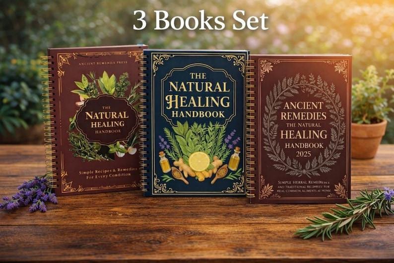 Puede incluir: Juego de tres libros sobre una superficie de madera. Los libros se titulan "The Natural Healing Handbook" y "Ancient Remedies The Natural Healing Handbook 2025". Los libros tienen encuadernaci&oacute;n en espiral e ilustraciones bot&aacute;nicas.