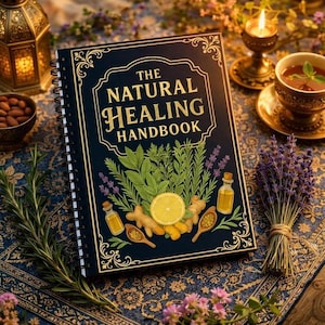 Puede incluir: Un libro encuadernado en espiral de color azul oscuro titulado "The Natural Healing Handbook" con letras doradas. La portada presenta ilustraciones de hierbas, una rodaja de lim&oacute;n, jengibre y botellas de aceites esenciales. El libro est&aacute; sobre una tela estampada.