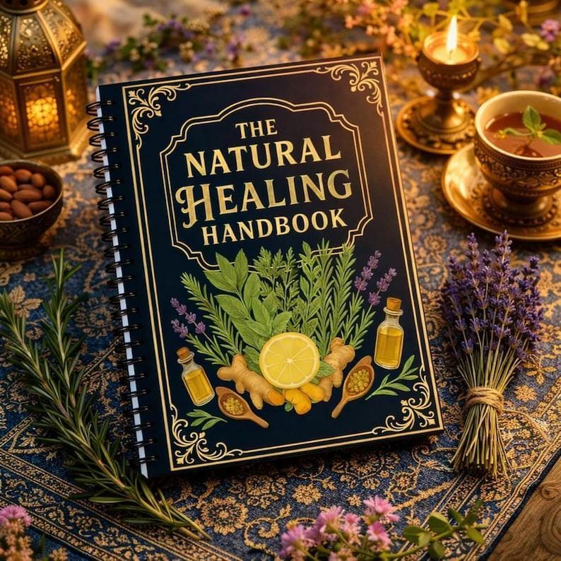 Puede incluir: Un libro encuadernado en espiral de color azul oscuro titulado "The Natural Healing Handbook" con letras doradas. La portada presenta ilustraciones de hierbas, una rodaja de lim&oacute;n, jengibre y botellas de aceites esenciales. El libro est&aacute; sobre una tela estampada.