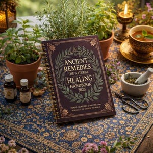 Puede incluir: Un manual titulado "Ancient Remedies The Natural Healing Handbook 2025" con encuadernaci&oacute;n en espiral, sobre una superficie azul estampada. La portada es de color burdeos oscuro con letras doradas e ilustraciones bot&aacute;nicas. Otros elementos incluyen hierbas en macetas, botellas peque&ntilde;as, mortero y maja, y una taza de t&eacute;.