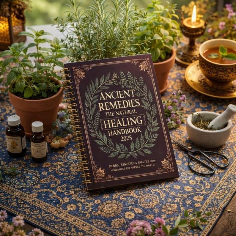 Puede incluir: Un manual titulado "Ancient Remedies The Natural Healing Handbook 2025" con encuadernaci&oacute;n en espiral, sobre una superficie azul estampada. La portada es de color burdeos oscuro con letras doradas e ilustraciones bot&aacute;nicas. Otros elementos incluyen hierbas en macetas, botellas peque&ntilde;as, mortero y maja, y una taza de t&eacute;.