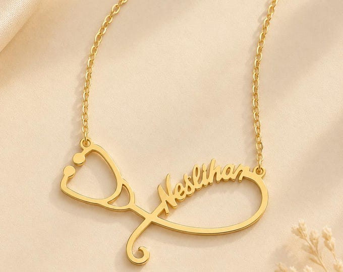 Personalized Stethoscope Name Necklace, Solid Gold Nurse Necklace, 8K or 14K Custom Doctor Gift, Medical Graduation Jewelry