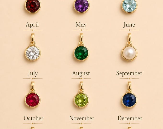 Solid Gold Birthstone Charm or Necklace, Personalized 8K or 14K Birth Month Jewelry