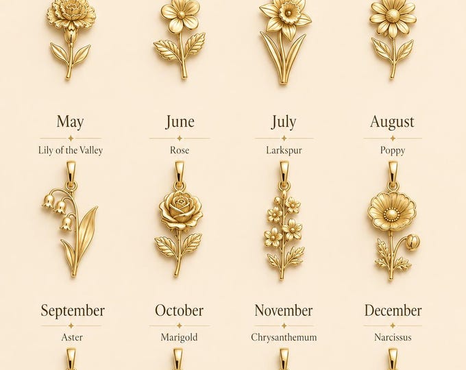 Birth Flower Charm, 14K or 8K Solid Gold Birth Month Flower Necklace, Personalized Floral Pendant, Gift for Her, Mom Gift