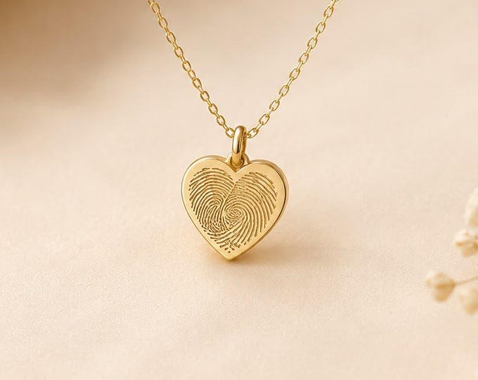 Personalized Fingerprint Heart Necklace, Solid Gold Date Pendant, 8K or 14K Custom Keepsake, Anniversary Gift