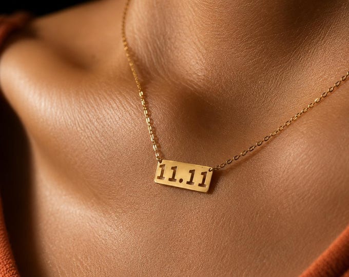 Solid Gold Bar Necklace, Custom Number Pendant, Manifestation Jewelry, Waterproof Tarnish-Free