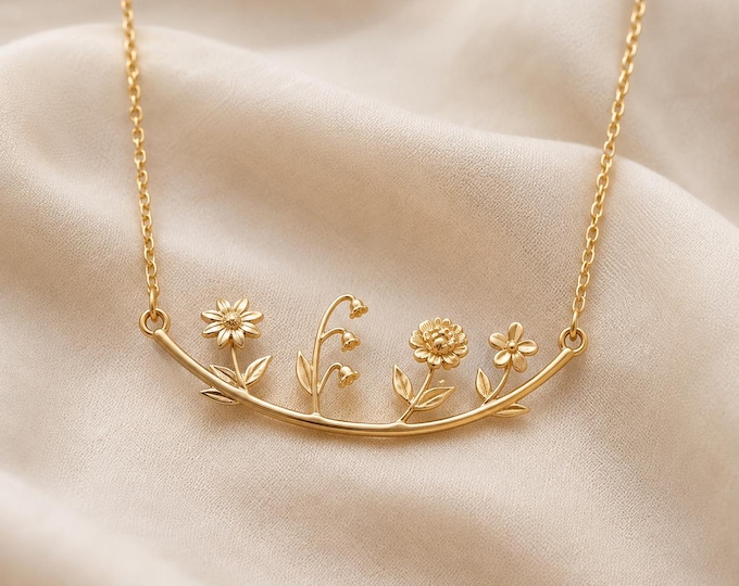 Personalized Family Birth Flower Necklace, 8K or 14K Solid Gold Botanical Jewelry