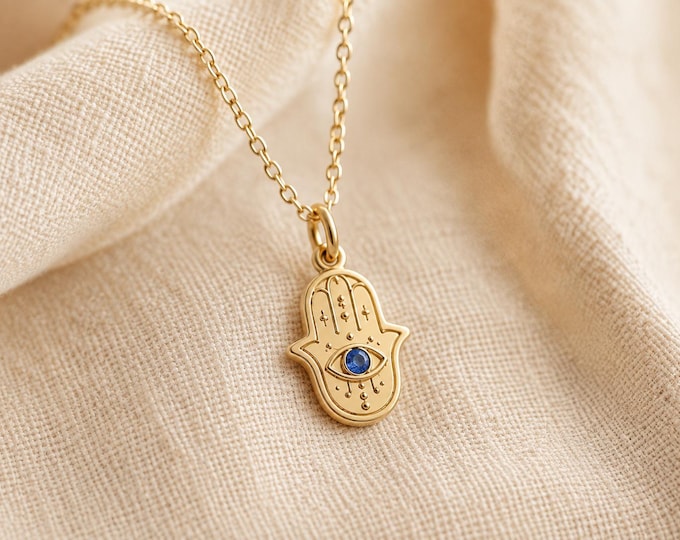 Solid Gold Hamsa Hand Necklace, 8K or 14K, Blue Evil Eye Amulet