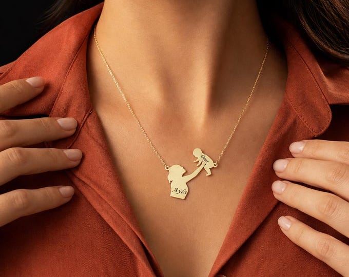 Mother and Child Name Necklace in 8K or 14K Solid Gold