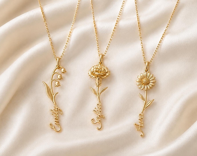 Custom Birth Flower Name Necklace, 8K or 14K Solid Gold Botanical Pendant, Personalized Birthday Gift for Her