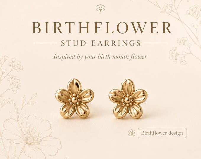 Solid Gold Flower Stud Earrings, 8K 14K Tiny Botanical Earrings, Floral Gift for Her