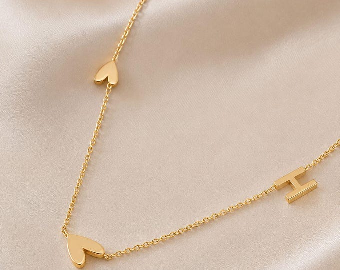 Personalized Initial Heart Necklace, 8K or 14K Solid Gold Letter Jewelry