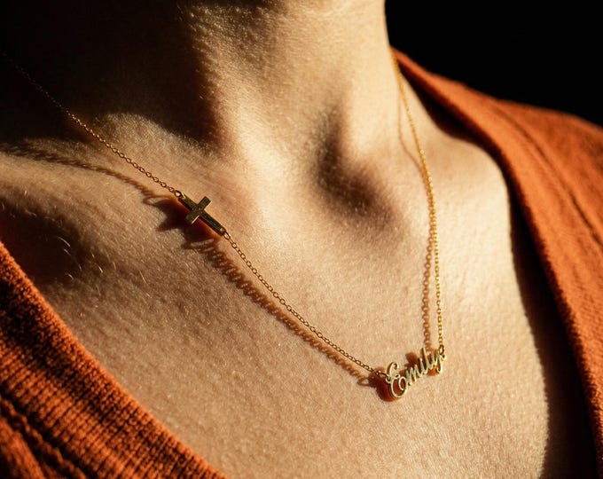 Personalized Solid Gold Sideways Cross Name Necklace, Baptism Confirmation Gift