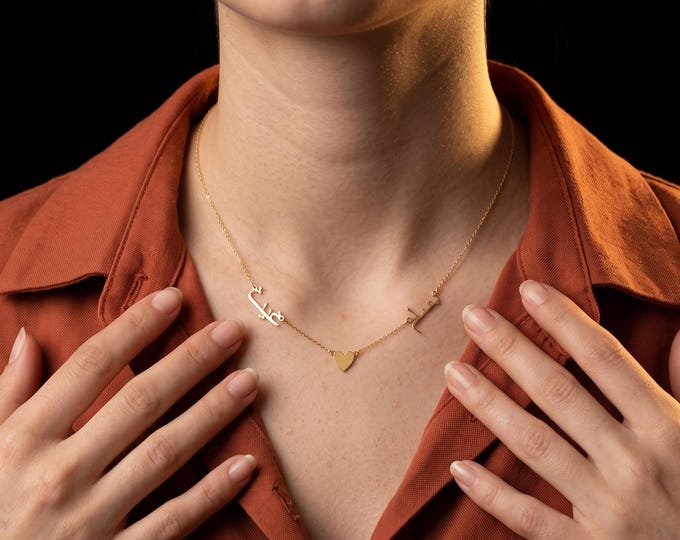 14K Solid Gold Arabic Two Name Necklace, Personalized Calligraphy Jewelry with Heart