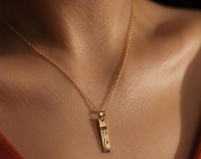 Custom Photo Engraved Gold Bar Necklace, Personalized Eye Pendant, Waterproof Jewelry