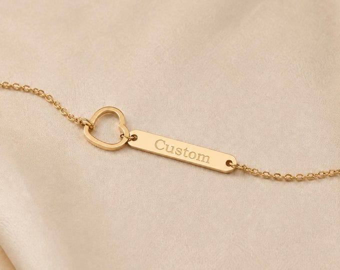 Custom Name Bar Bracelet with Open Heart in 8K & 14K Solid Gold, Personalized Engraved ID Bar Chain Bracelet, Dainty Romantic Gift for Her
