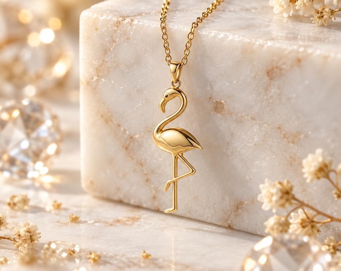Flamingo Necklace in 8K or 14K Solid Gold, Dainty Bird Pendant with Chain, Tropical Jewelry, Gift for Flamingo Lover