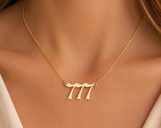 777 Angel Number Necklace in 8K or 14K Solid Gold, Lucky Number Pendant