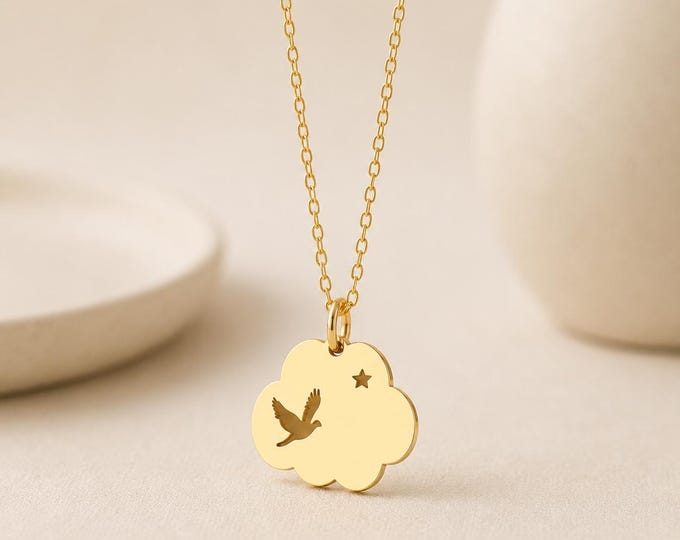 Solid Gold Bird Star Cloud Necklace, Freedom Hope Symbolic Pendant, 8K 14K Yellow Gold