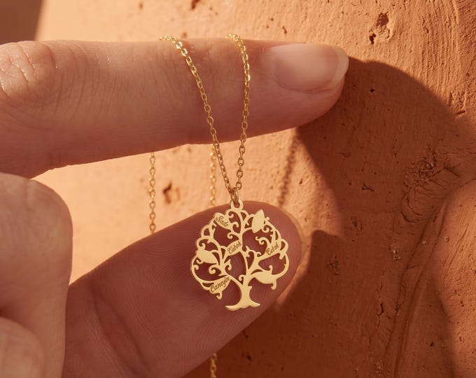 Custom Family Tree Necklace, Solid Gold Names Pendant, Mother Grandma Jewelry