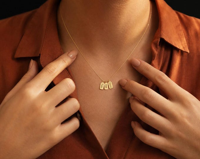 Three Name Necklace, 8K or 14K Solid Gold Family Name Tag Jewelry