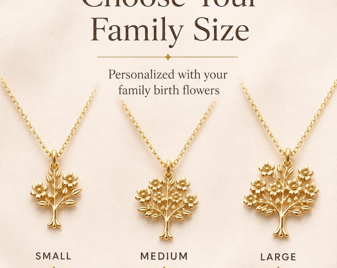 Family Tree Birth Flower Necklace, Personalized Solid Gold Charm for Mom, 8K 14K