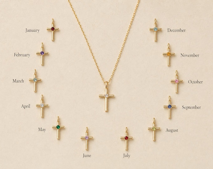 Solid Gold Birthstone Cross Necklace, 8K or 14K, Christian Gift for Her
