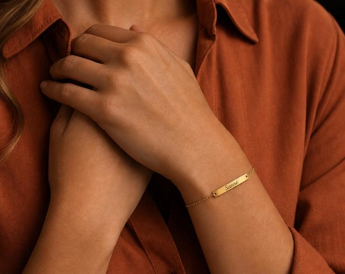 Name Bar Bracelet, 8K or 14K Solid Gold Personalized ID Jewelry