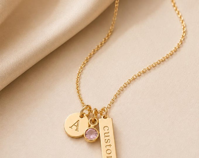 Personalized Initial Birthstone Bar Necklace, Solid Gold Custom Charm Cluster