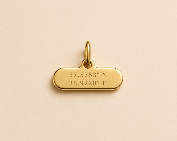 18K Solid Gold Coordinates Charm, Personalized Location Bar Necklace, Custom Engraved Travel Jewelry