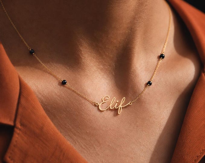 Heirloom Black Onyx Name Necklace, Personalized Jewelry in 18K Gold, Crafted to Order