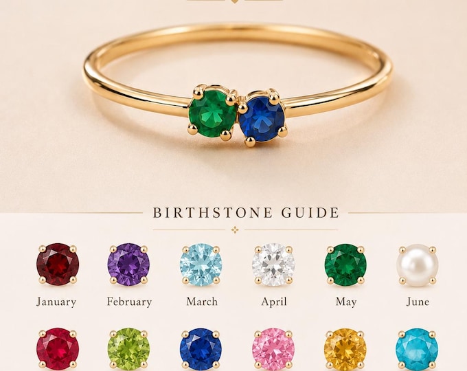 Solid Gold Twin Birthstone Ring, Two Custom Natural Gemstones, Stackable Dainty Band
