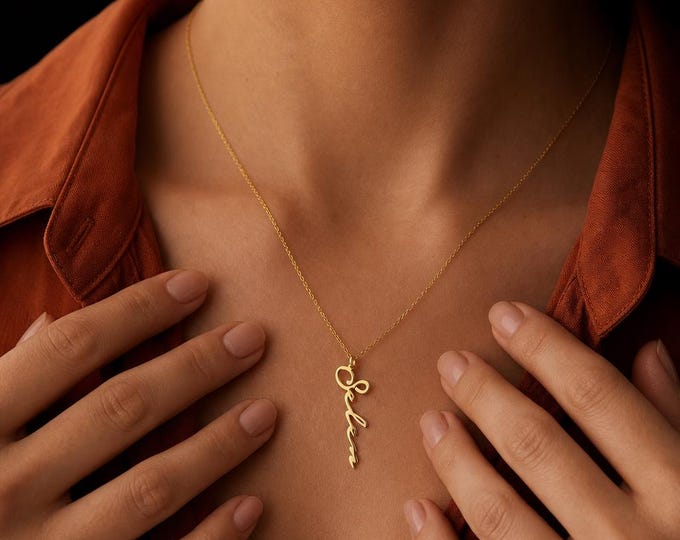 Vertical Name Necklace in 8K or 14K Solid Gold, Custom Script