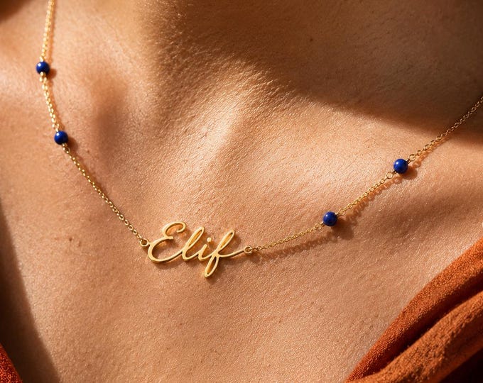 18K Solid Gold Lapis Lazuli Name Necklace, Personalized Script Jewelry