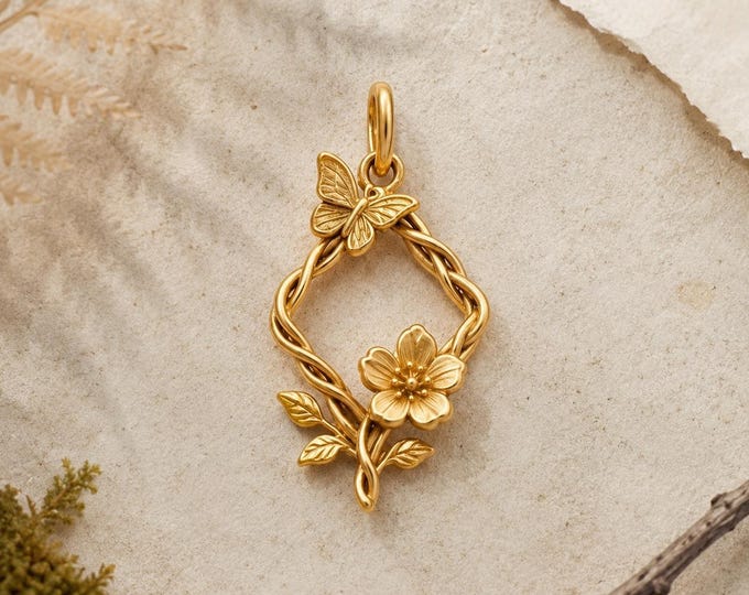Solid Gold Butterfly Flower Charm, Botanical Pendant in 8K or 14K, Nature Lover Gift