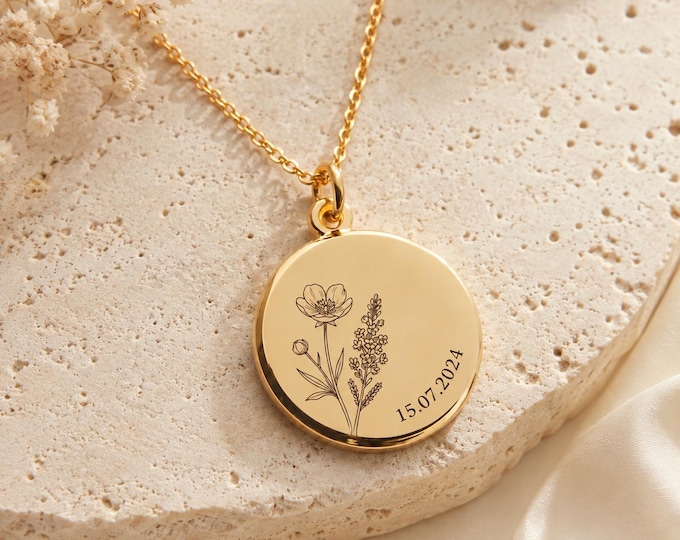 Custom Two Birth Flower Necklace, Engraved Date Pendant in 8K or 14K Gold