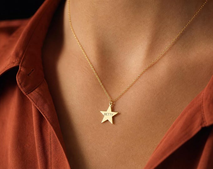 Engraved Name Star Necklace in 8K or 14K Solid Gold