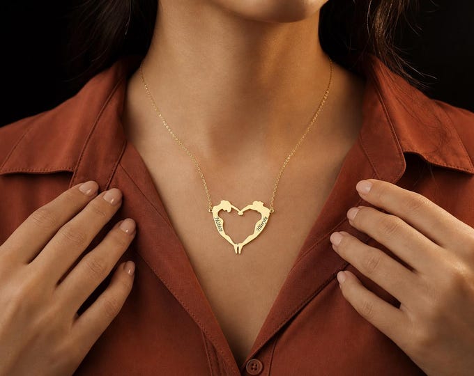 Couple Name Heart Necklace in 8K or 14K Solid Gold