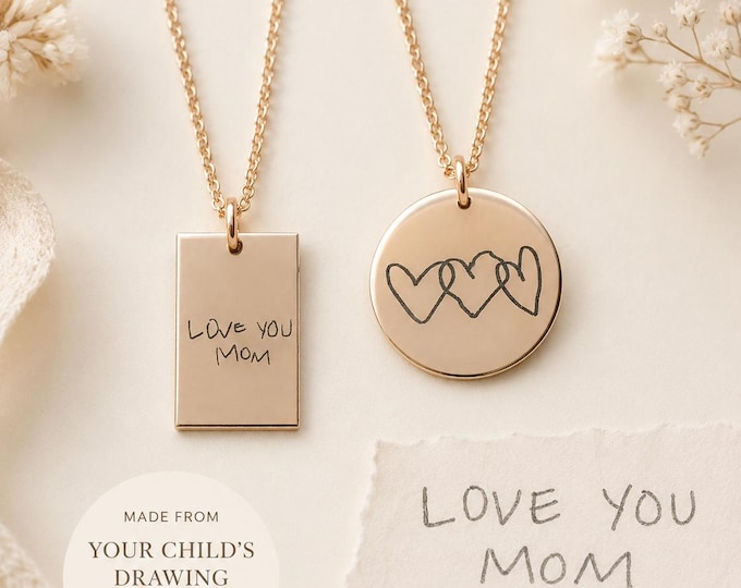 Child Drawing Necklace, Custom Handwriting Pendant, Personalized Solid Gold Keepsake for Mom, 8K or 14K