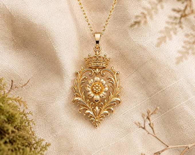 Solid Gold Crown Flower Charm or Necklace, Baroque Floral Crest Pendant in 8K or 14K, Royal Botanical Gift for Her
